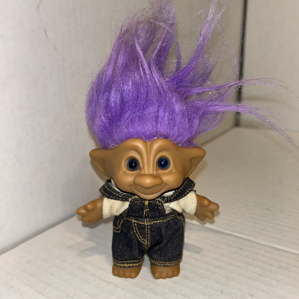 VINTAGE ‎ 5" TREASURE TROLL DOLL Denim Overalls PURPLE HAIR ACE NOVELTY CO. C2